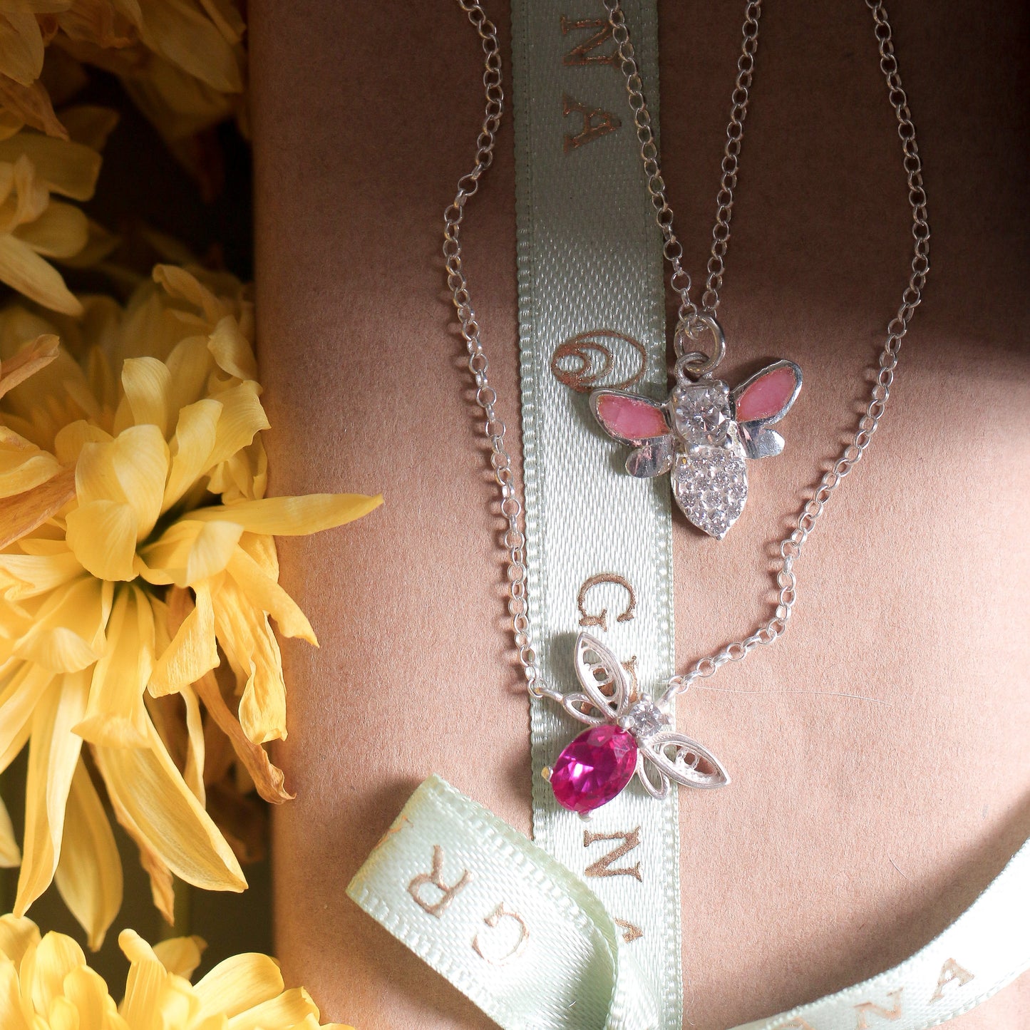 Bee With Baby Pink Enamel Pendant