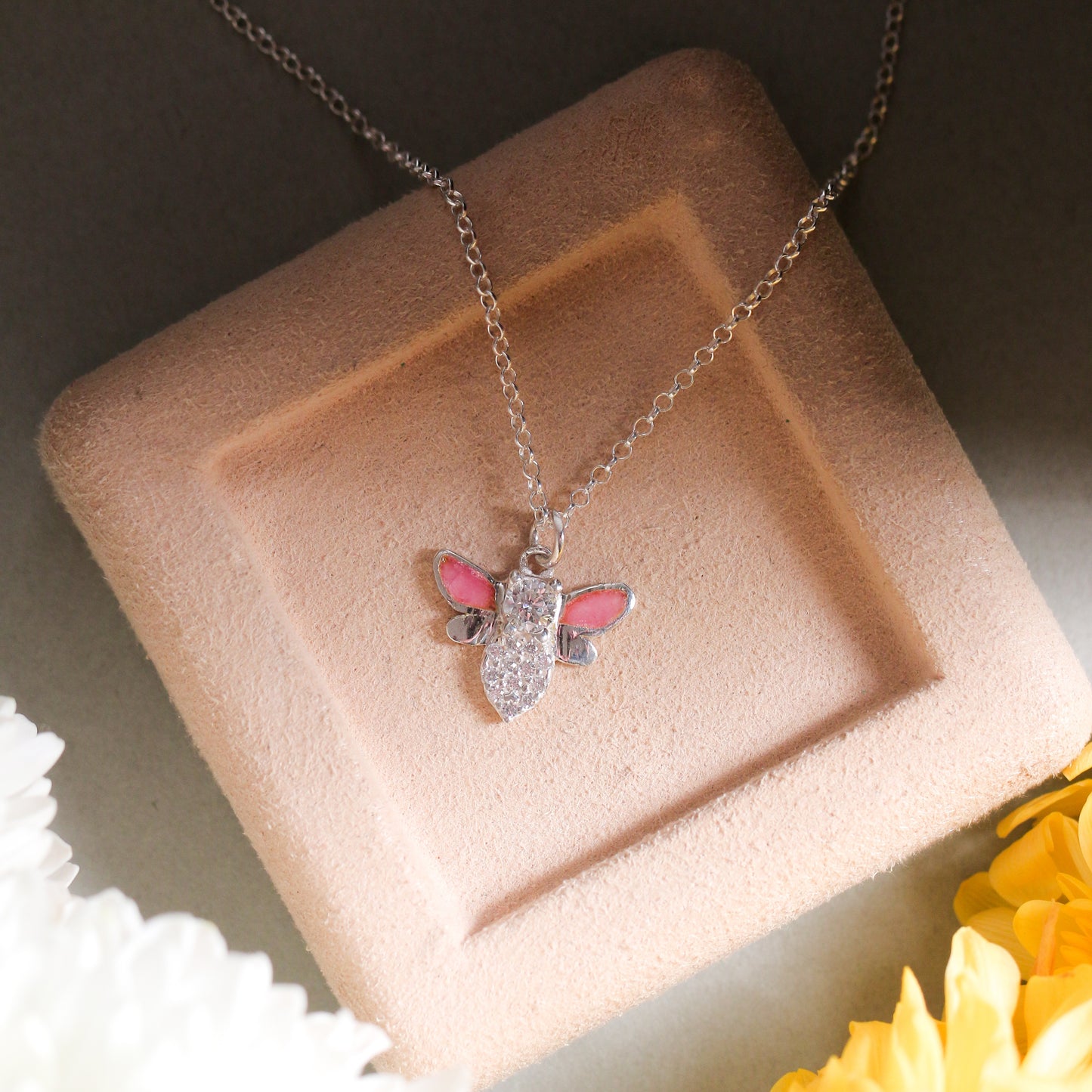 Bee With Baby Pink Enamel Pendant