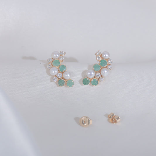 Cluster Pearls & Emeralds Earrings (18k Gold)